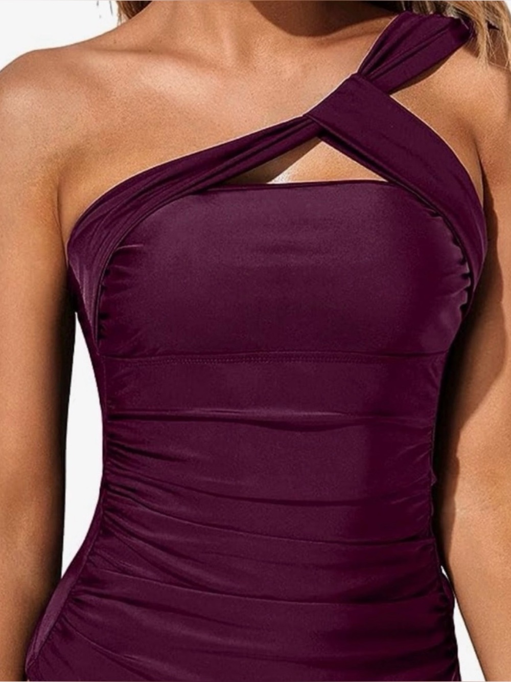 Halter Ruched One-Shoulder Swim Top in Deep Plum